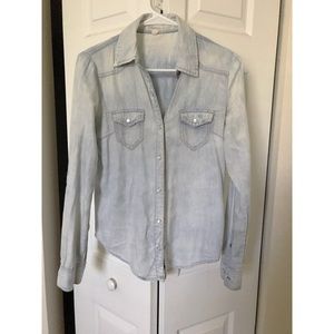 Distressed jean button down